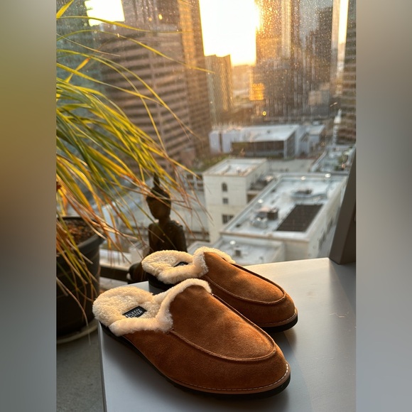 Eileen Fisher Suede Shearling Lamb Fur Slide Slip on Mules Brown - 7 - Picture 4 of 11